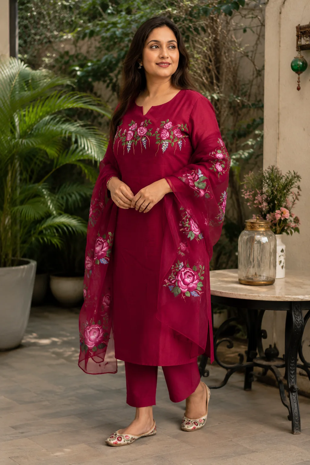 Hand-painted three-piece suit set with monsoon roses