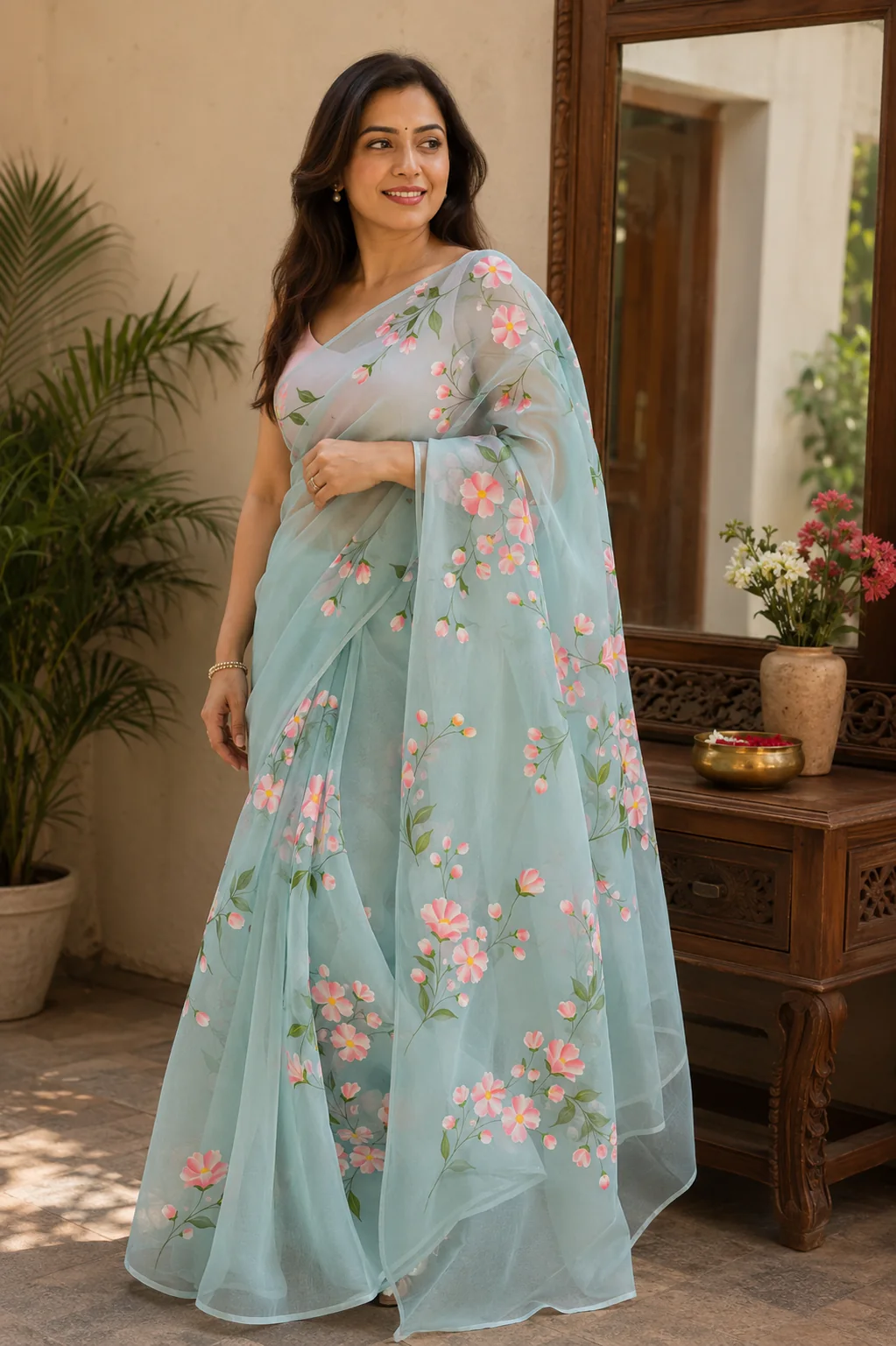 Sea-green hand-painted organza saree