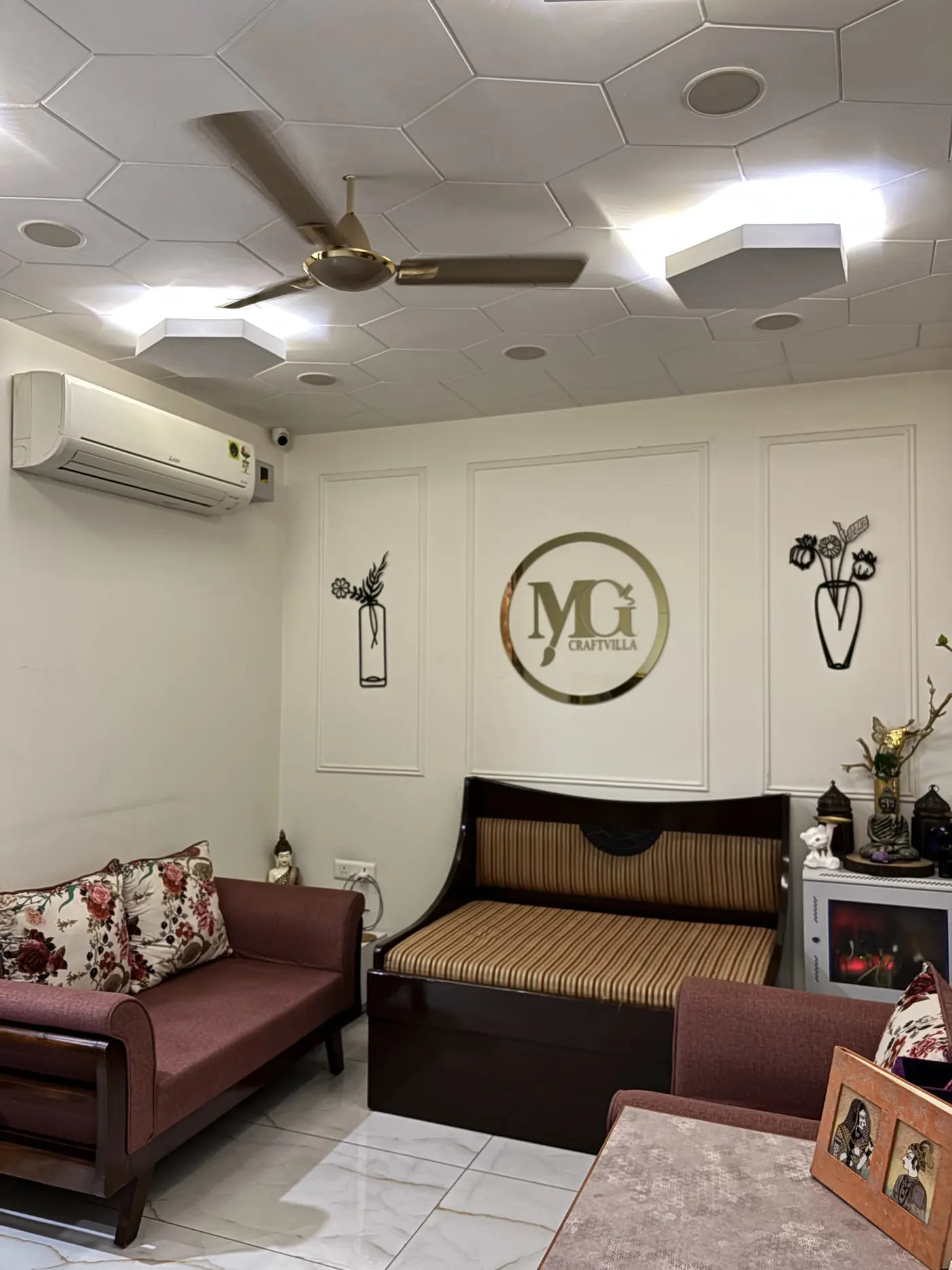 The lounge seating at MG's Craftvilla studio
